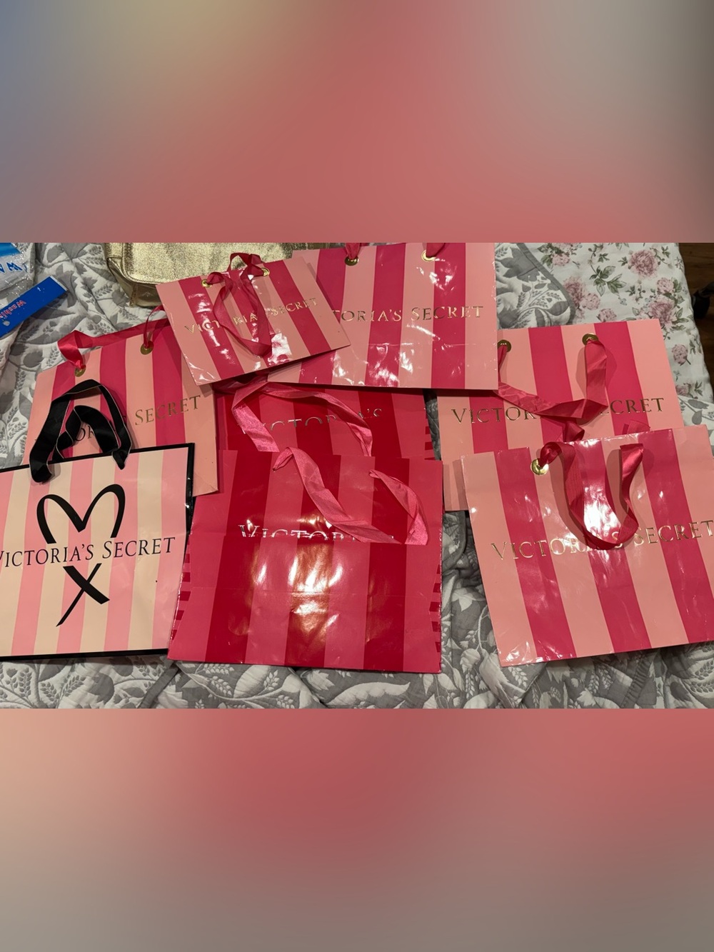 Victoria's Secret Old Vintage Hot Pink & Light Pink Striped Gift Bags